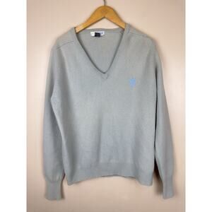 Camela Women’s V-Neck Sweater, Gray-Green, Embroidered Logo, Size 42/L Lambswool